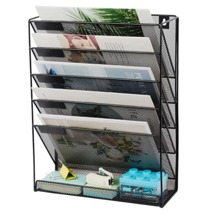 

5+1 Tier Mesh Desk File Organizer, Hanging Wall Mount Document Organization Stand, Desktop Vertical Mail Paper Folder Holder Ra