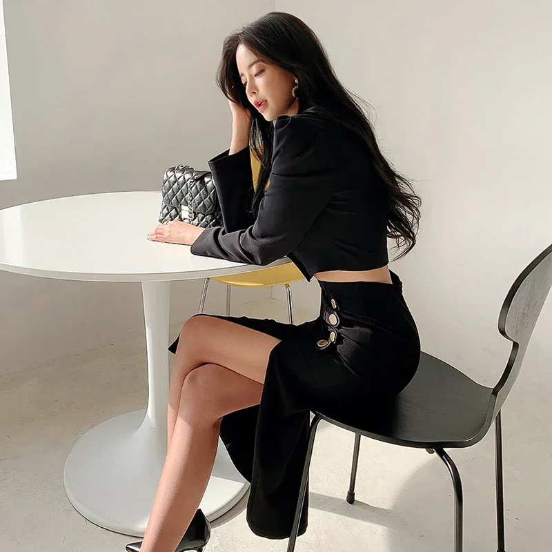 

New Spring Autumn Black Formal Sexy 2 Piece Outfit Short Set Women Ladies Clothes Cropped Suit Blazer Coat High Waist Slit Skirt