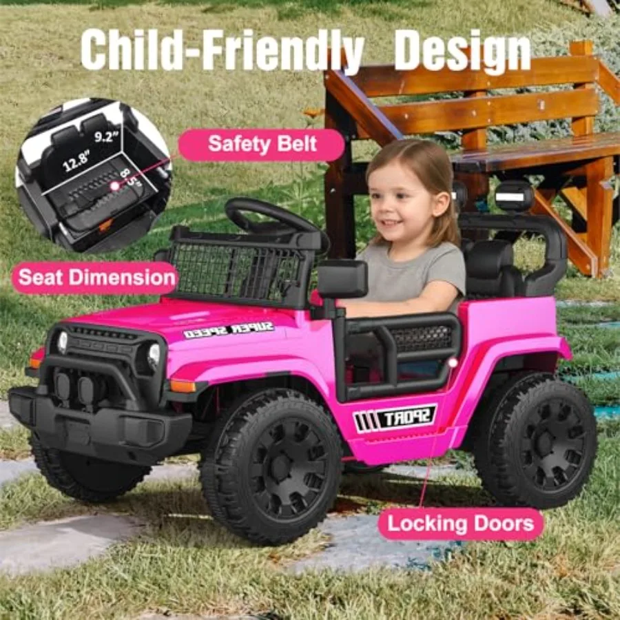 12V電動乗用玩具、親用リモコン付き、幼児用電動カー、スプリングサスペンション、LEDライトと音楽プレーヤー搭載 - 安全バッテリー