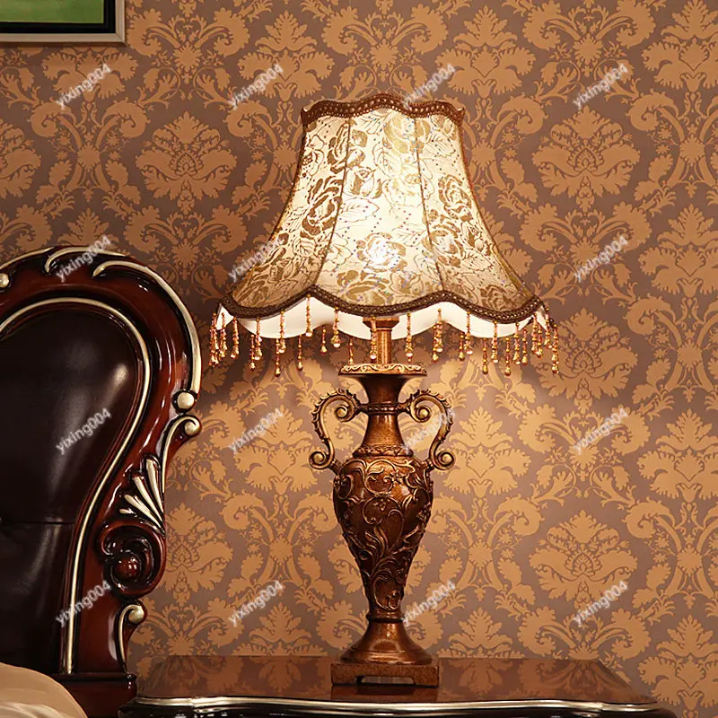 Luxury European Style Fabric Bedside Lamp Remote Adjustable Brightness for Living Room Bedroom Study