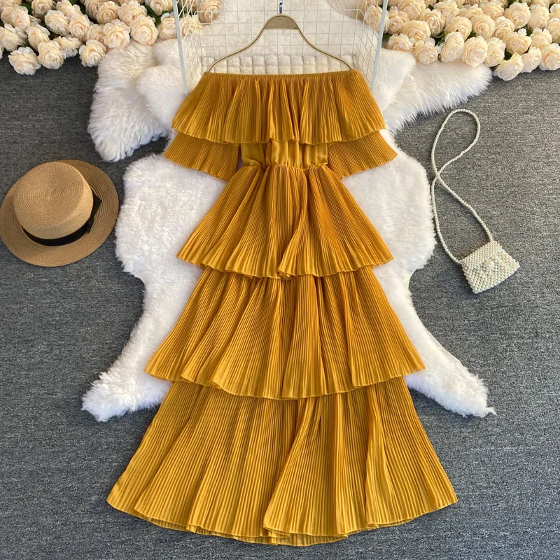 One Neck Pleated Dress with Sweet Ruffle Edges for Summer Mid Length Beach Dress with Off Shoulder Elegance for Women