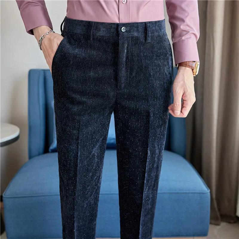 2025 new high-end casual pants, autumn and winter thick velvet trousers, business slim fit striped designer suit pants, black