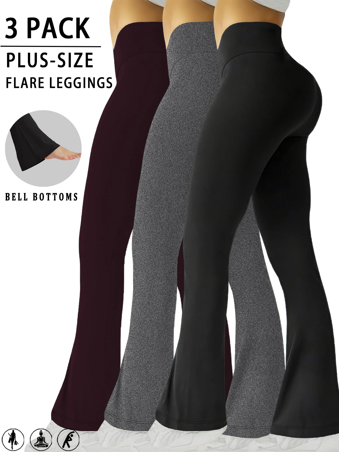 

Комплект из 3-х штук: женские расклешенные брюки для йоги больших размеров с высокой талией и расширяющимся низом штанин. Идеально подходит для йоги или для отдыха.