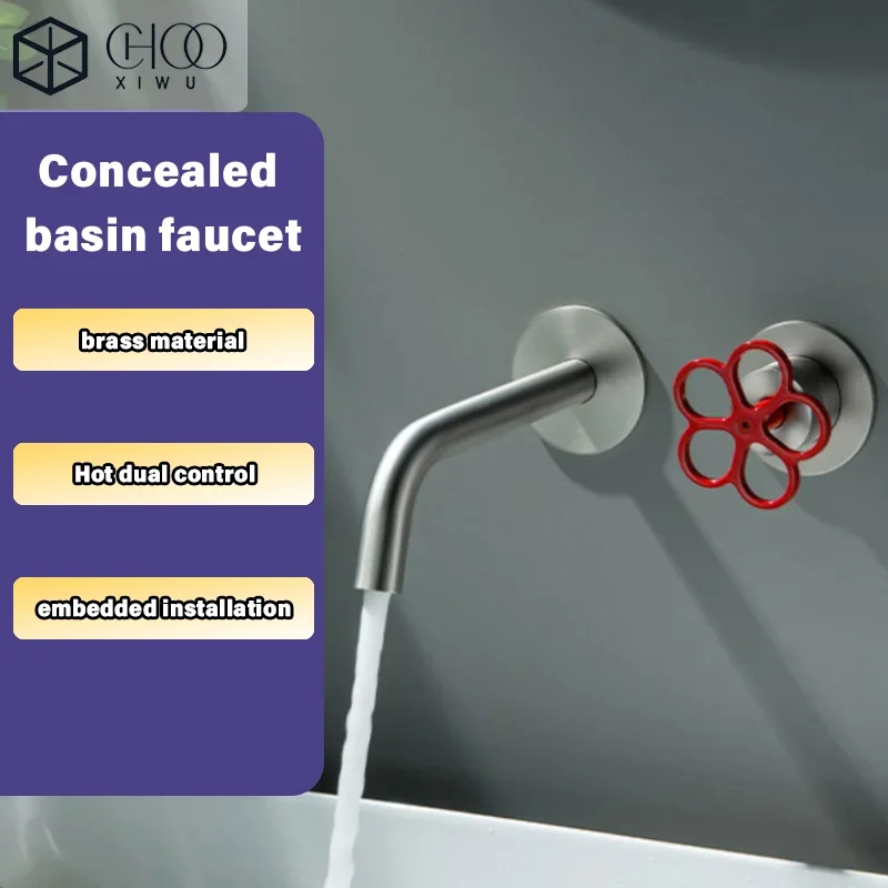 

luxury brass brushed nickel bathroom faucet with simple tap embedded design and dual hole hot and cold water basin Mixer