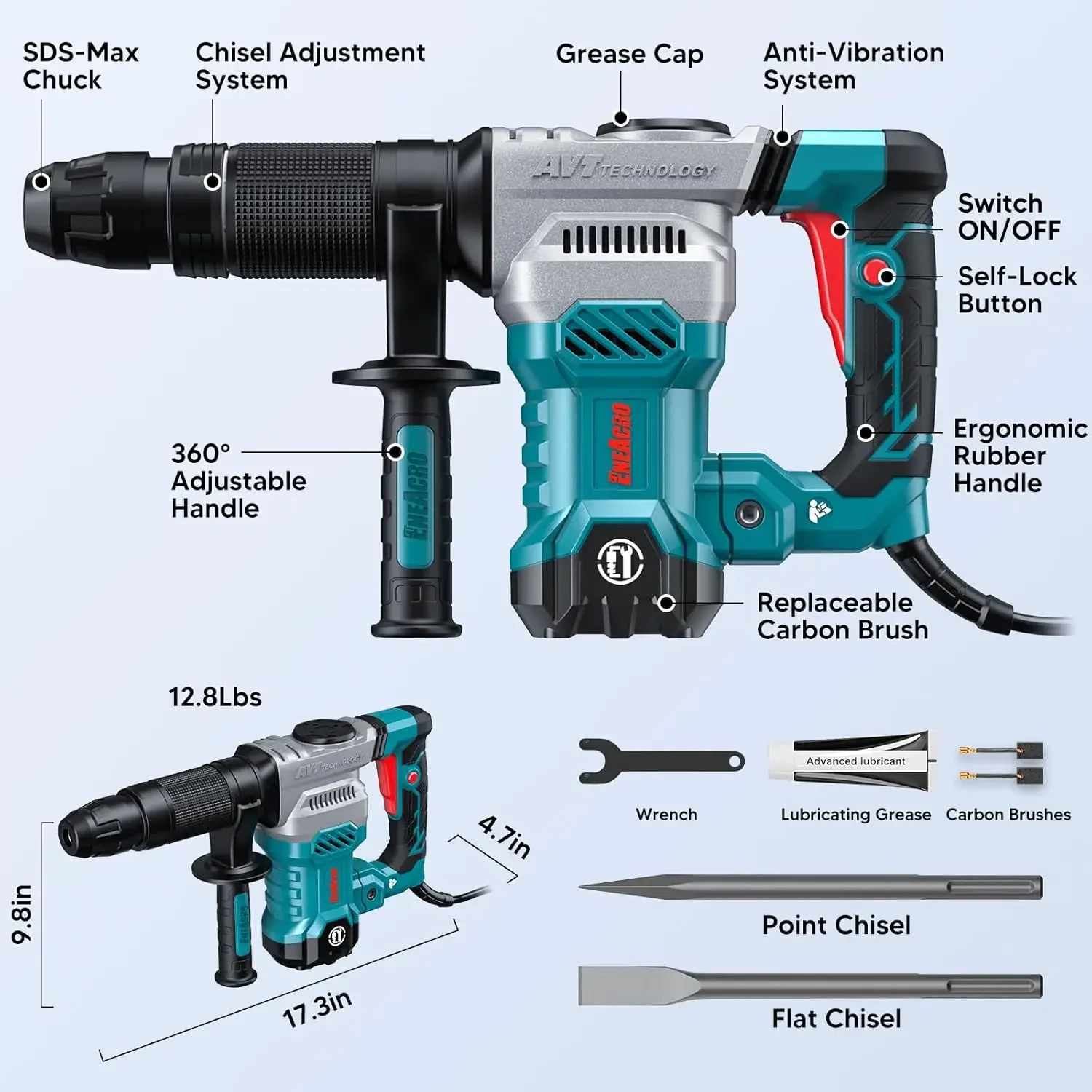 ENEACRO SDS-Max Demolition Jack Hammer for Concrete, Lightweight 11 Amp Electric Demo Chipping Hammer，Aluminum Alloy She