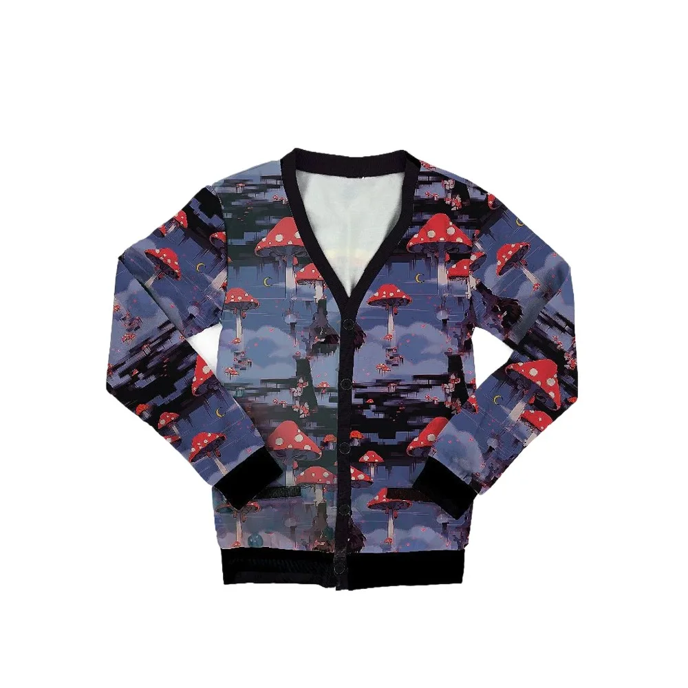 Vintage Egyptian Red Mushroom Pink Purple Drip Cardigan All-Over Print V-Neck Streetwear Soft Cozy Button-Up Women's Fashion