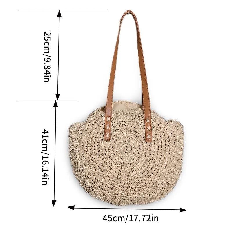 Paille Crochet Épaule Ronde Nouvelle Unique Épaule Femmes Sac Plage À La Mode Simple Artistique Loisirs Voyage