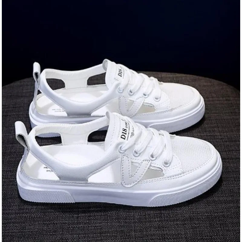 New Women's White Casual Shoes Fish-mouth Sandals Metal Decorative Transparent Breathable Mesh Shoes Zapatos Para Mujer Designer