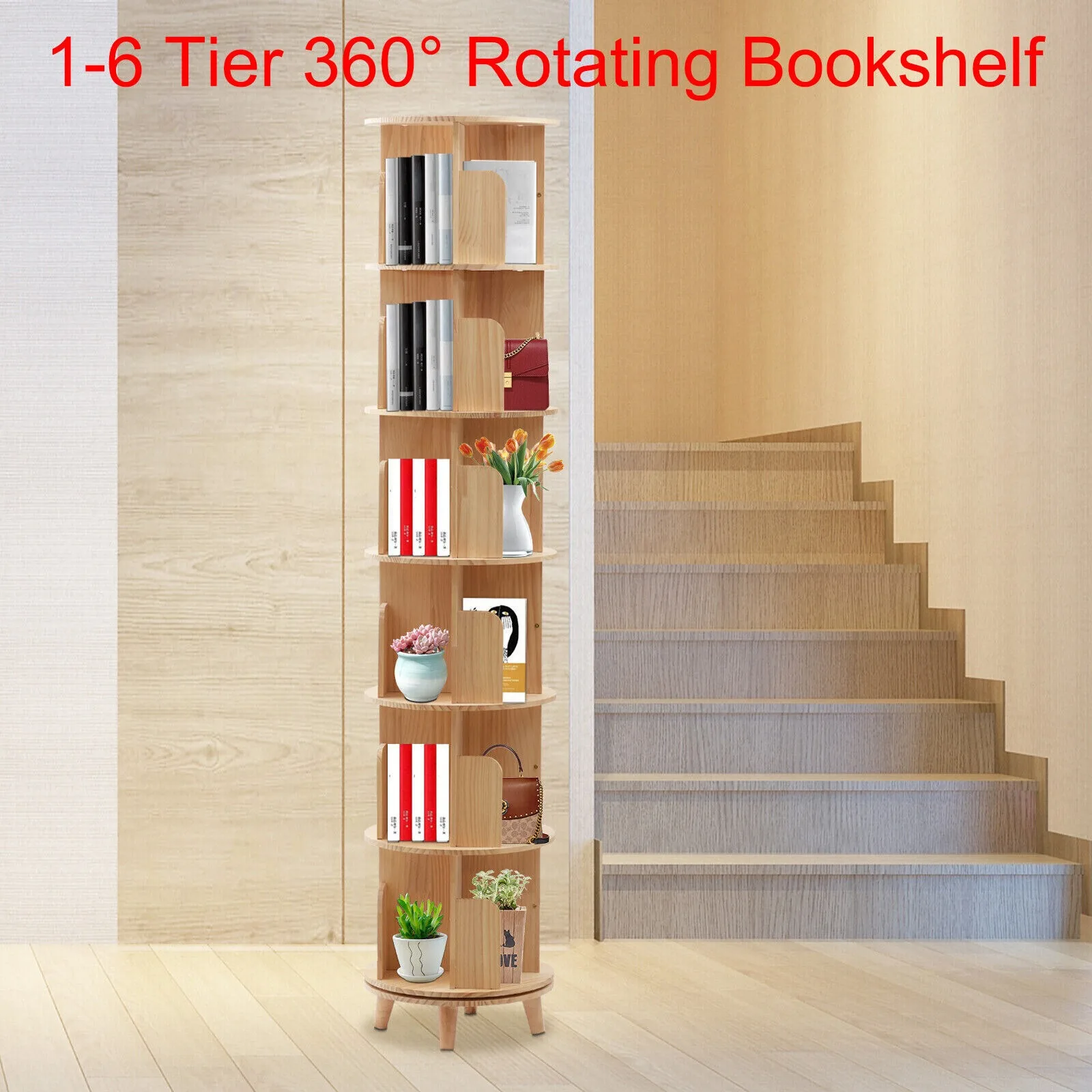 US 360° Rotating Bookshelf Wood Bookcase Storage Shelf Freestanding Display Rack