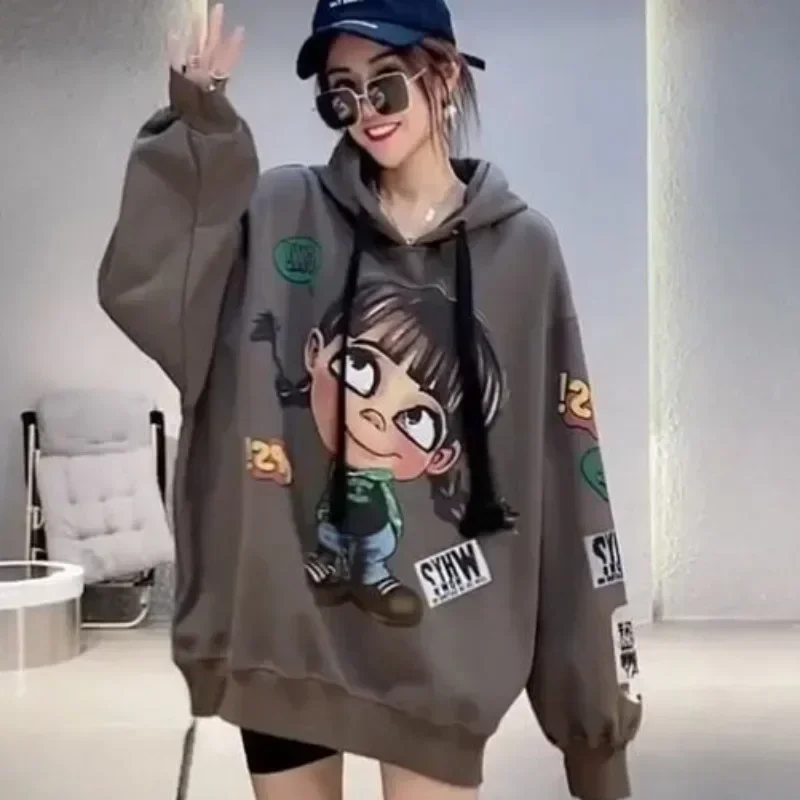 Hoody extra groß neue mittlere bis lange Größe Cartoon niedlichen Mädchen Vliese Kapuze Frauen Hoodie Herbst Pullover lose Top Sweatshirt