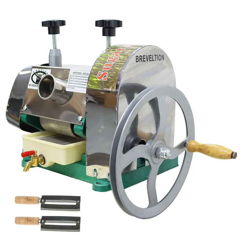 Manual Sugar Cane Press Juicer Machine 3 Rolls Stainless Steel Sugarcane Crusher Grinder W/2 Peeling Knives and Wooden