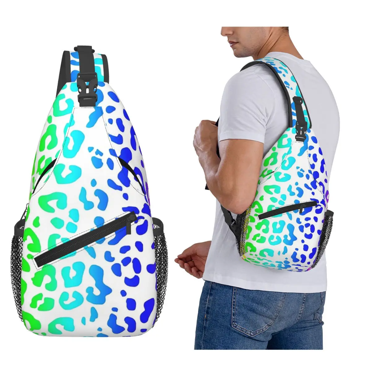 

Rainbow And White Spots Leopard Print Chest Bag Men Sling Crossbody Backpack Chest Bag Travel Hiking Daypack Shoulder Bag