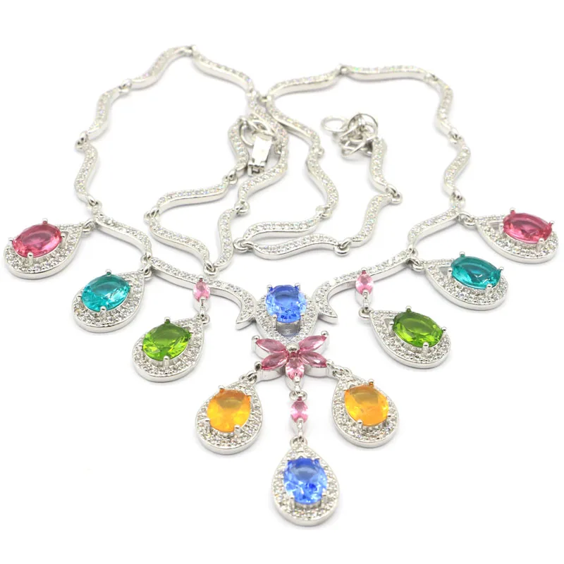 38g Customized 925 SOLID STERLING SILVER NECKLACE Multi Color Peridot Tanzanite Citrine Kunzite Aquamarine White Sapphire Cz 18.