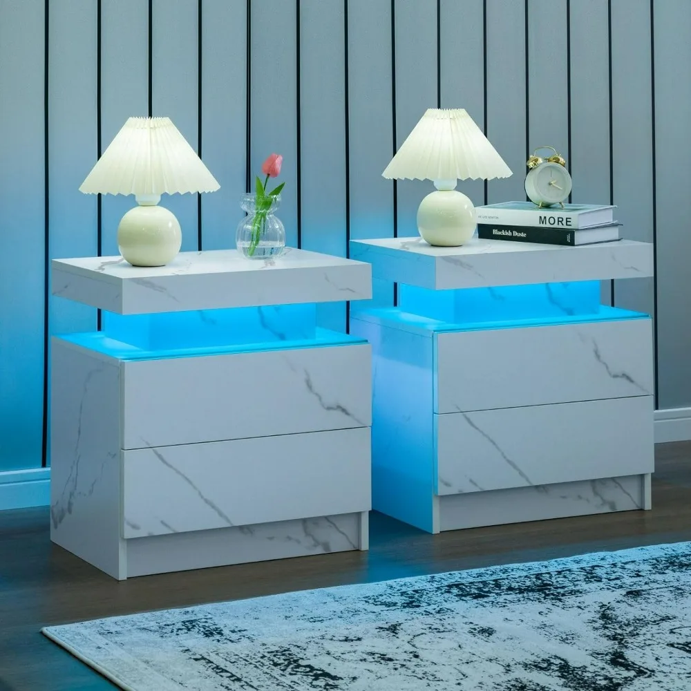 Night Stand Set 2 LED Nightstand with 2 Drawers Bedside Table with LED Lights Side Tables for Bedroom Living Room