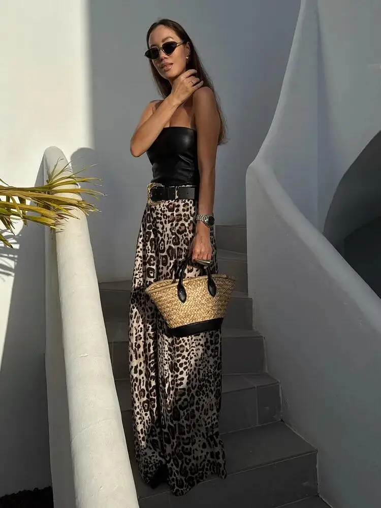 Pantaloni Y2K Pantaloni leopardati a vita alta da donna Gamba larga in raso con cintura Moda di strada casual estiva americana
