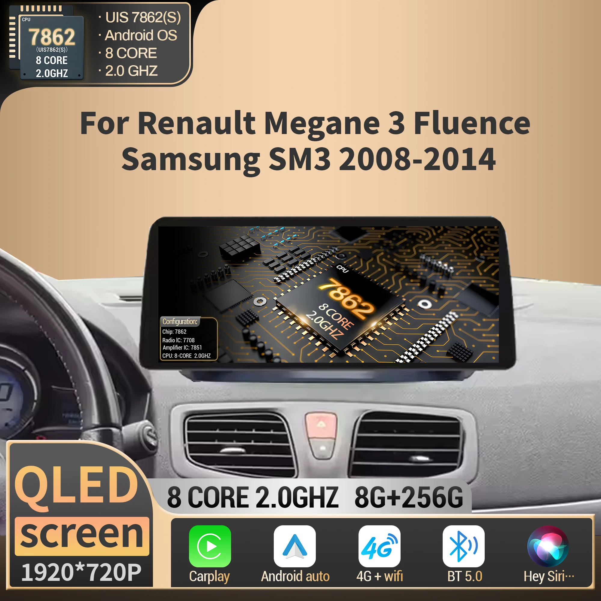 12,3 pulgadas para Renault Megane 3 Fluence Samsung SM3 2008 2009 2010-2014 inalámbrico BT Carplay Radio de coche pantalla de unidad principal Multimedia