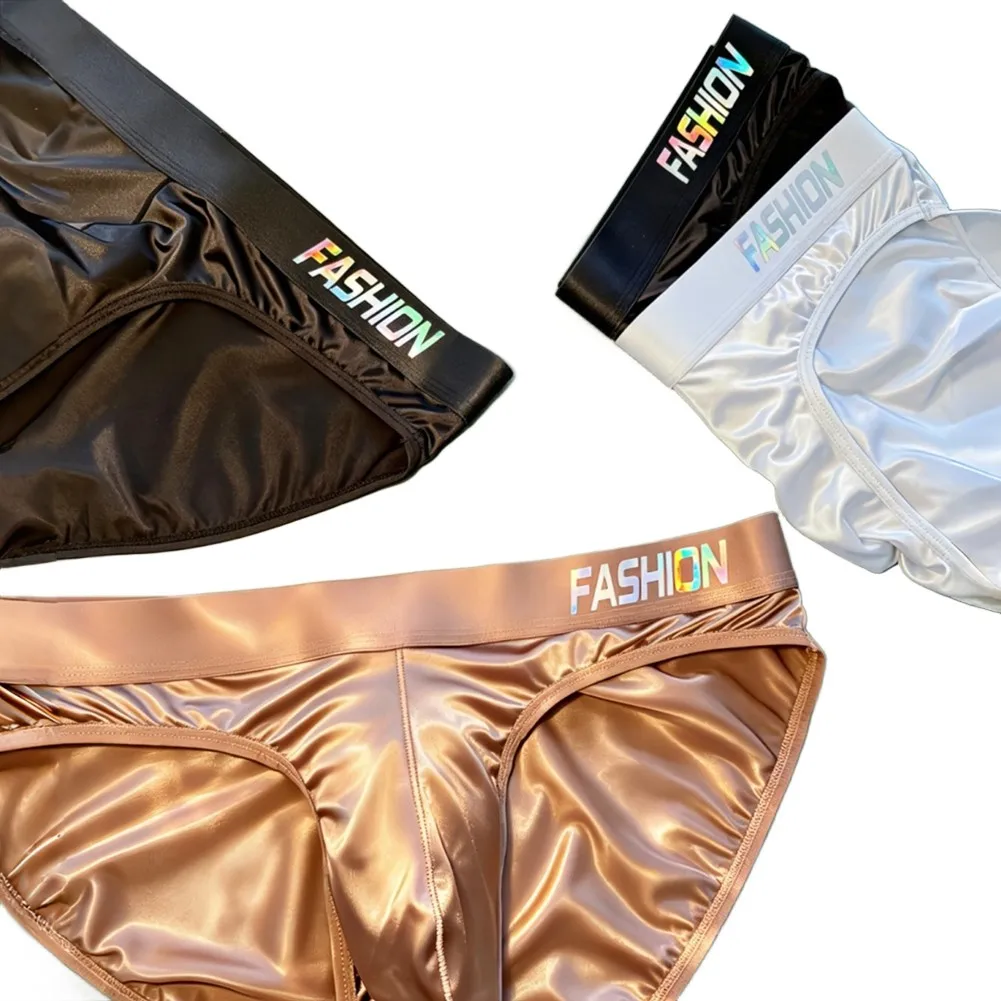 Men Glossy Satin-like Smooth Briefs Ice-Silk Hip Wrap Large U Pouch Low Waist Youth Man Underwear Comfortable Panties