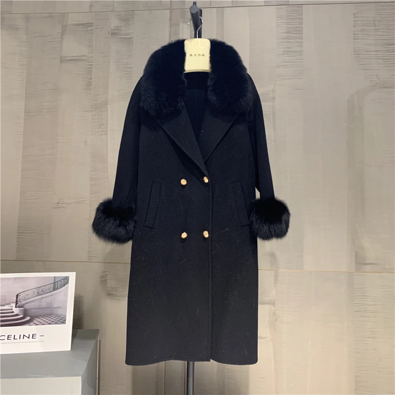 2023 Women Big Real Fox Fur Collar Fashion Winter Long Jacket Wool Cashmere Blended Coat Double Breasted Belt Outwear Cuffs