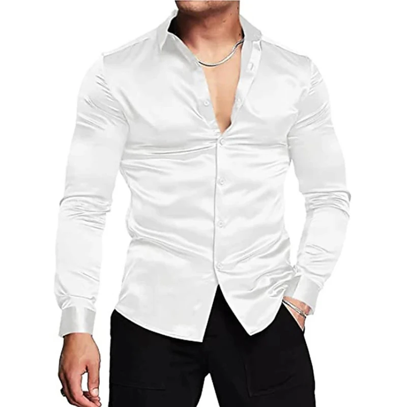 Camisas masculinas vintage de cetim manga longa, lapela de botão, camisa de seda macia masculina, cor sólida, top fino brilhante, casual, nova, primavera