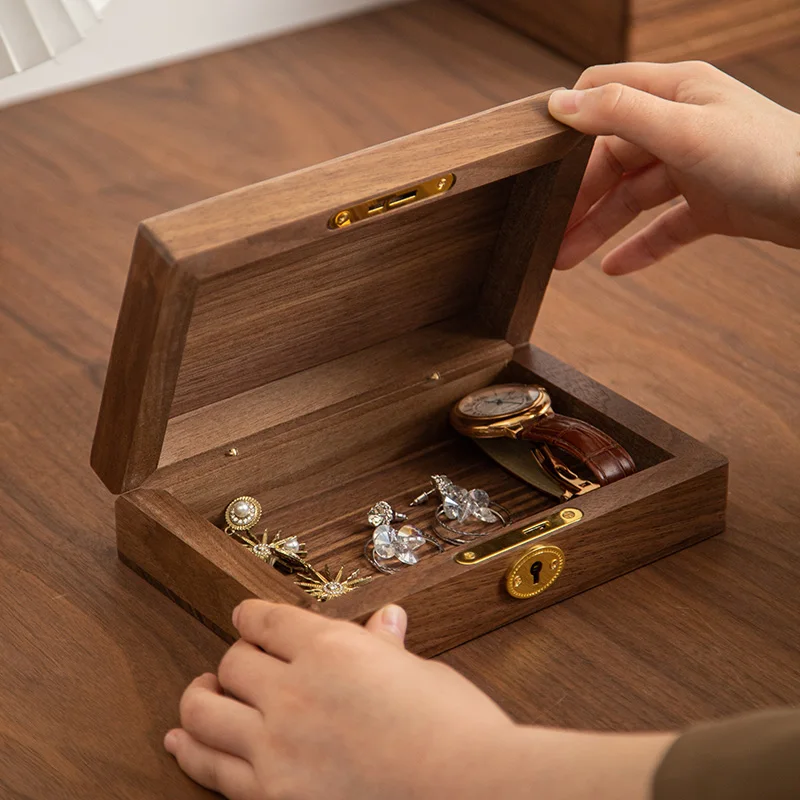 

Black Walnut Jewelry Box with Lock Box Home Beads Retro Creative Sundries Cosmetics Key Solid Wood Storage Box