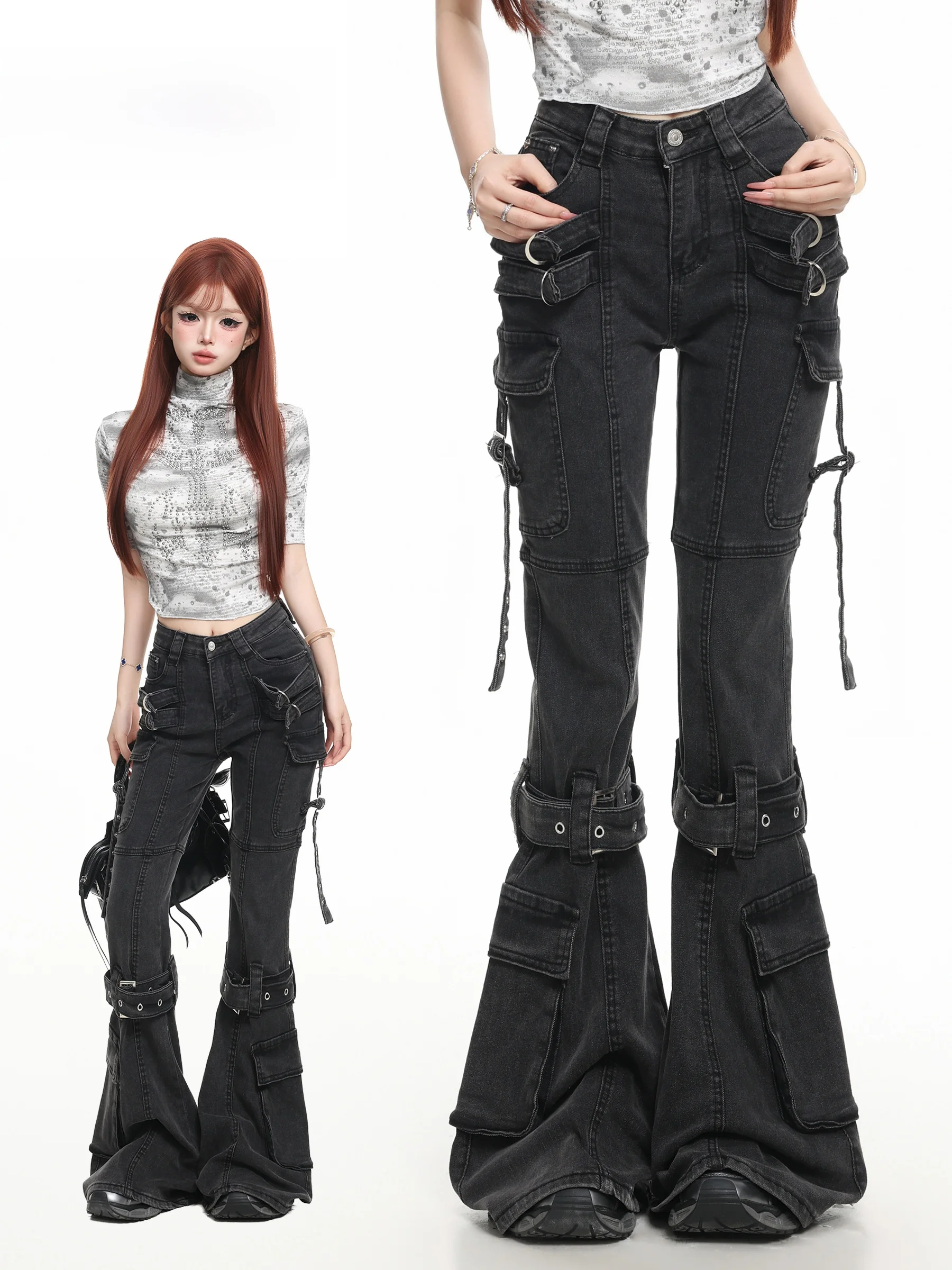 Low Waist Punk Style Streetwear Multi Pocket Workwear Jeans Women Slim Fit Belted Flared Pants Long Trousers Teenage Summer D...