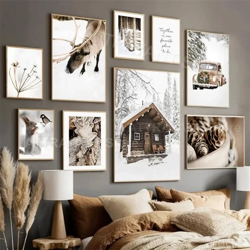 Nature Winter Snow Car Elk Wood House Plants Bird Wall Art Canvas Painting Poster And Print Scenery Pictures Home Interior Decor