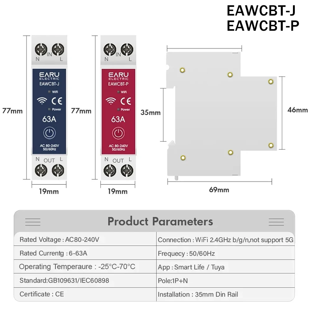 Tuya WiFi Smart Circuit Breaker MCB 1P + N 63A Timer Power Energy kWh Voltage Current Meter Protector Voice Remote Control Switch