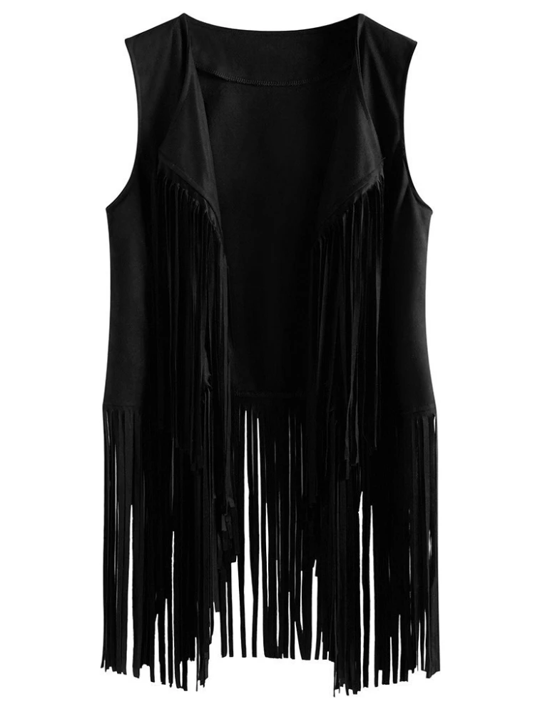Spring Winter Women's Fringed Vest Jacket Fashion Fall Suede Ethnic Sleeveless Fringed Cardigan Vintage Faux Tassel Female Coat
