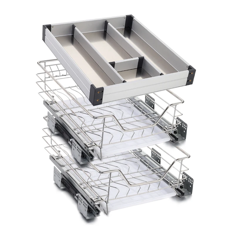 

Narrow cabinet pull-out basket 304 stainless steel dishes basket drawer type three-layer small size tool seasoning pull-basket