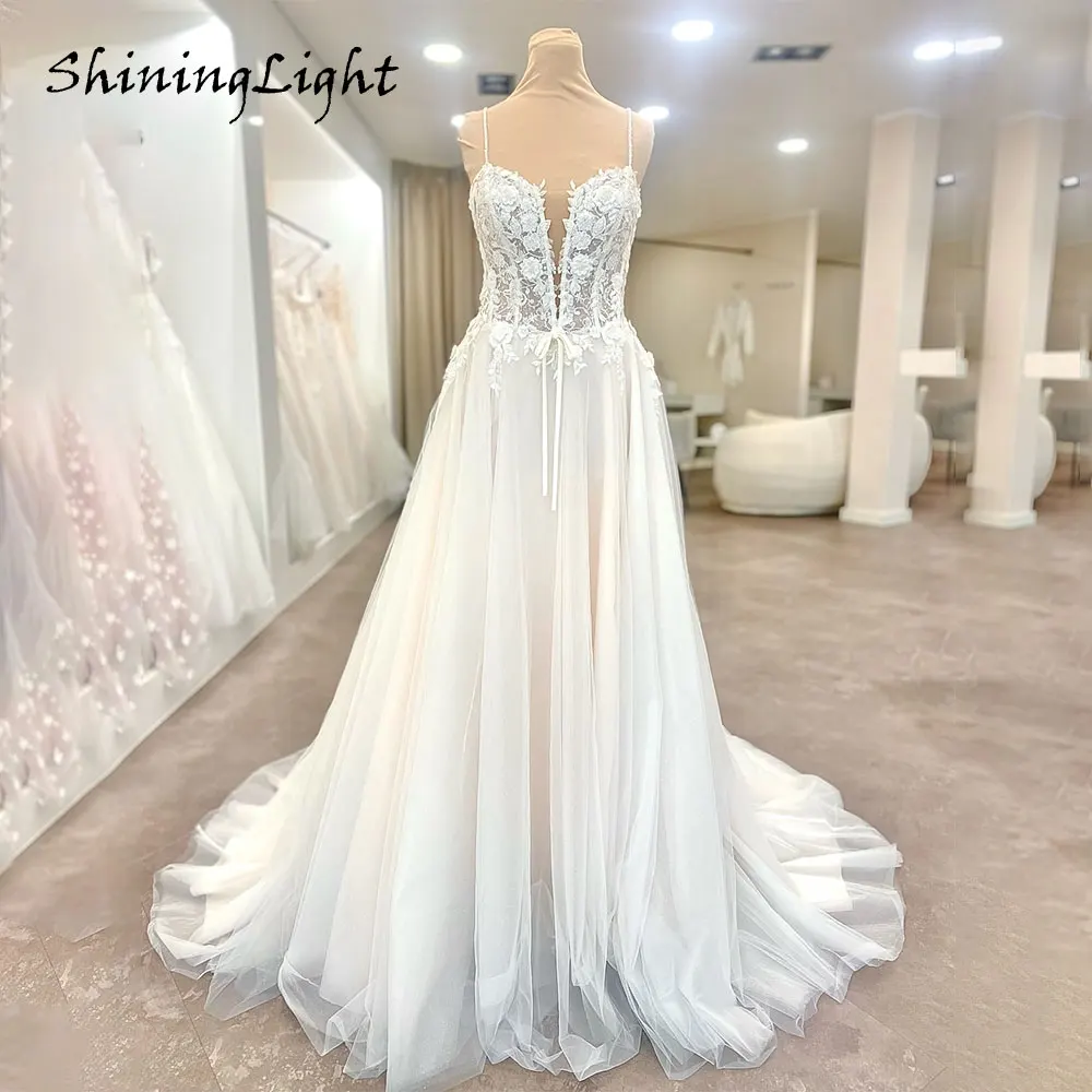 

ShiningLight Boho Spaghetti Strapls Wedding Dresses A-Line Appliques Lace Long Bridal Ivory Tulle Gowns vestido novia Customized