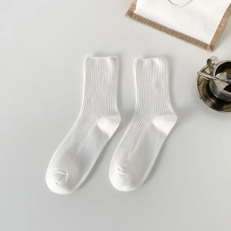 Chaussettes tube marron en pur coton pour femme, bas monochromes à rayures, style minimaliste, tout match, décontracté, printemps, automne, ins