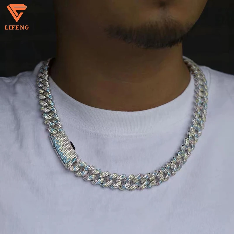 Custom Sparkling Luxury Hip Hop Jewelry Colored Necklace 925 Sliver Iced Out Moissanite Cuban Chain Link