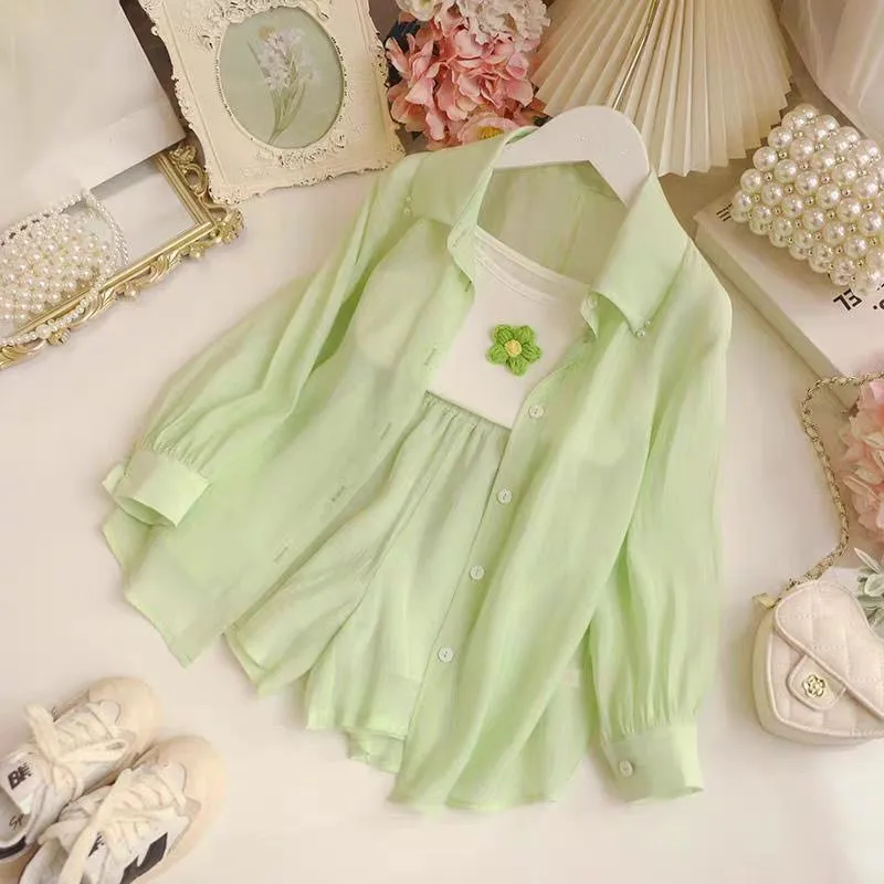 

Spring Summer New Girls Clothing Sets Sweet Three Piece Sunscreen Shirt + Tank Top + Shorts Set for Girls Children Fashion Suits