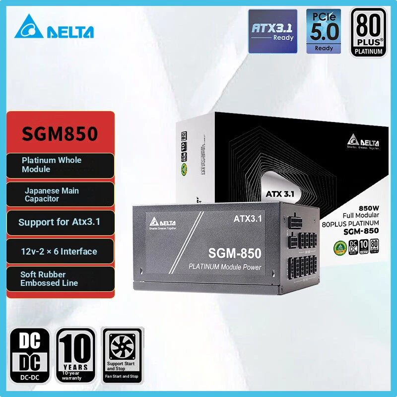 

Блок питания Delta Rated 850W SGM850 Platinum, полностью модульный, ATX3.1, для компьютеров, с поддержкой полного диапазона напряжения, графических карт 50-й серии, функцией запуска/остановки вентилятора, японскими конденсаторами