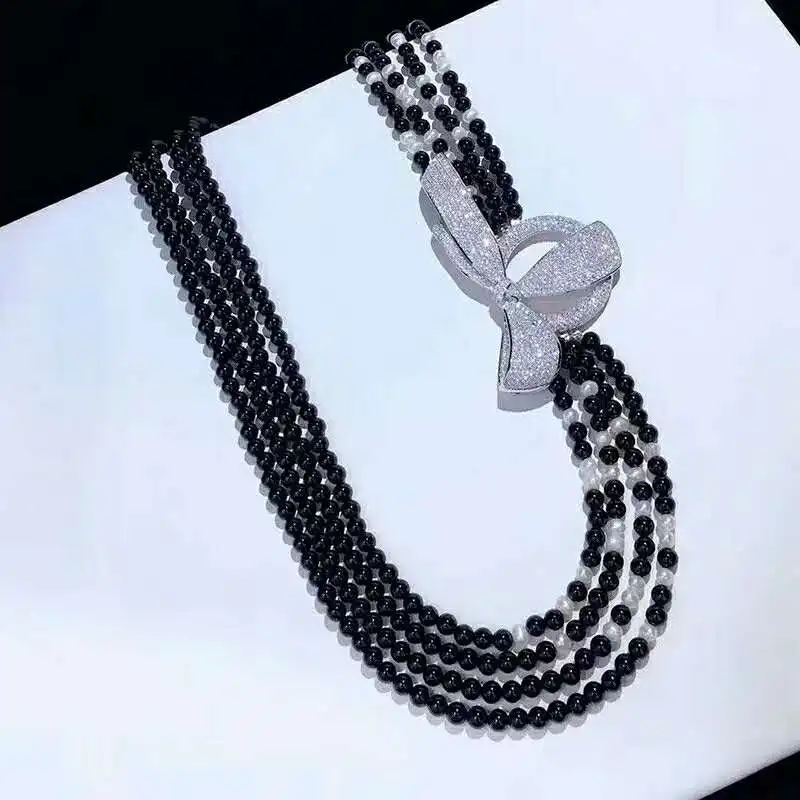 

New style 4strands black stone white freshwater pearl necklace micro inlay zircon accessories long 45-53cm fashion jewelry