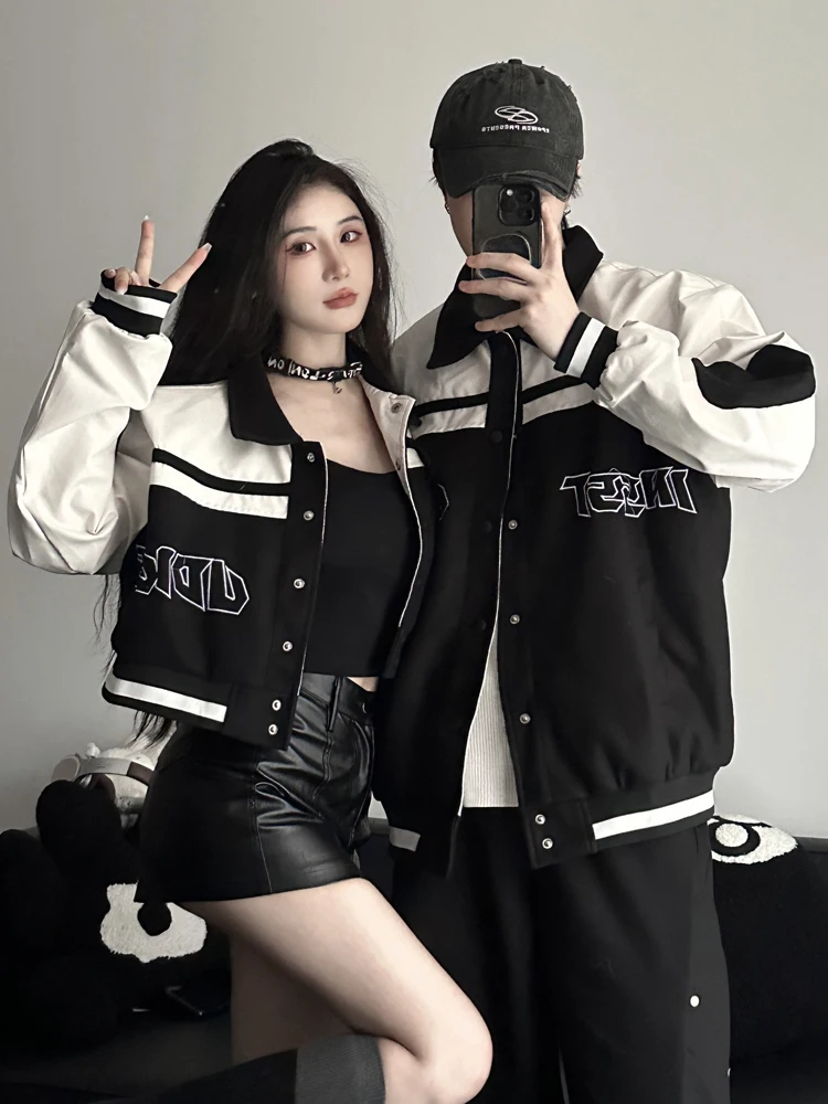 Couples Casual American Style Baseball Jacket Long Short Matching Loose Fit Spring Autumn Trendy Youth  Culture Outerwear