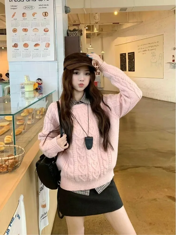 Loose Fit Women's Pink Twisted Knit Sweater Autumn Winter Lazy Sle Overhead Inner Wear Soft Comfortable Long Sve round Ne