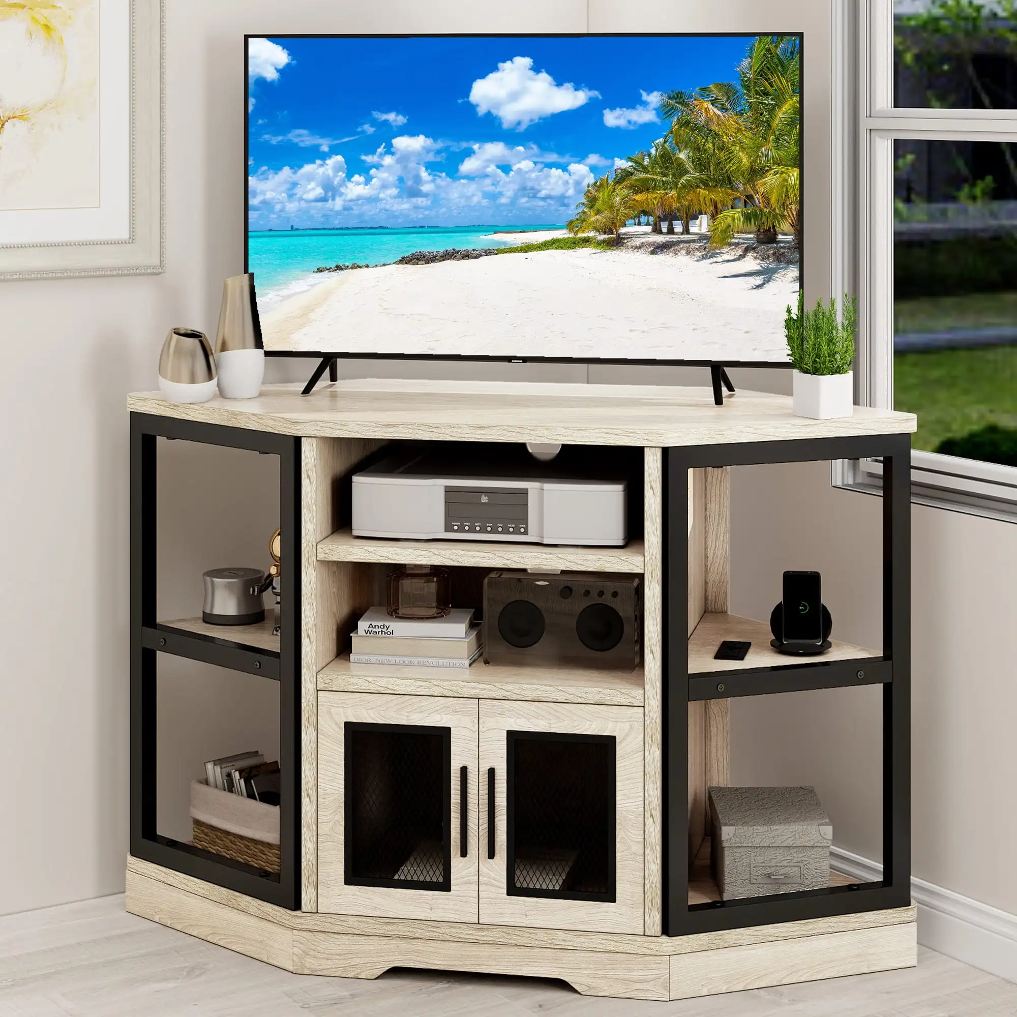 Farmhouse Corner TV Stand for TVs up to 55 inch with Power Outlet Wood Entertainment Center TV Media Console