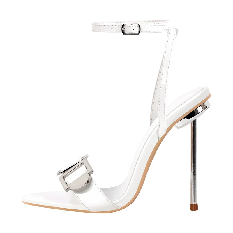 Onlymaker Women White Open Toe Stiletto Sandals Metal Heels Buckle Sandals