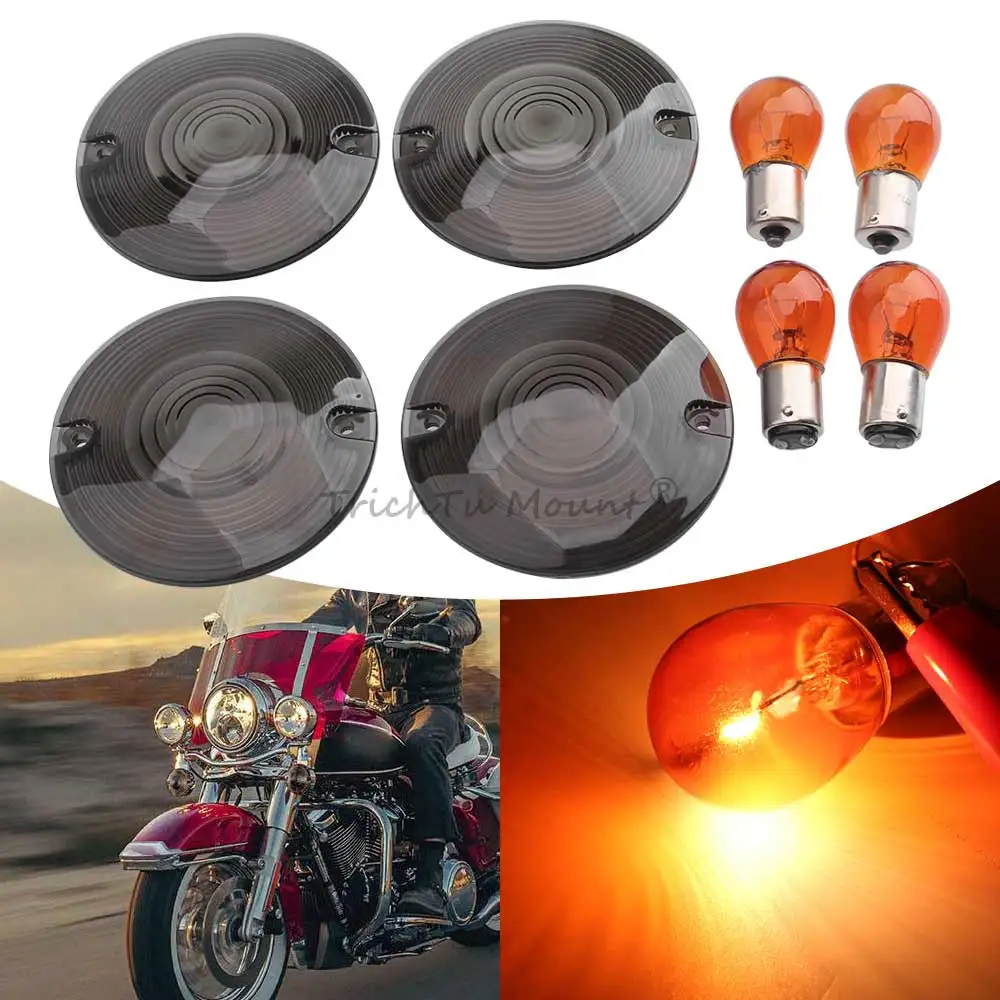4 Pcs Smoke Turn Signal Lights Lens Cover Amber Bulbs Plastic Motorcycle Accessories Fit For Harley Touring Models 1986-2014