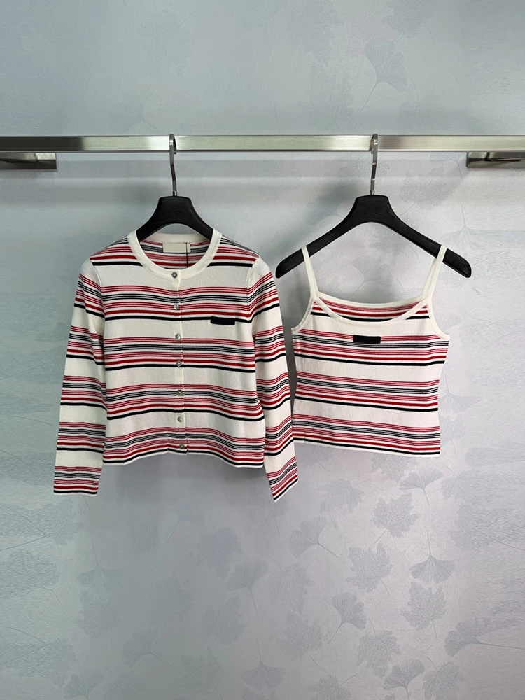 Spring Autumn Fashion Streaks Knitting Casual Cardigan Women's O-Neck Loose Long Sleeve Coat + Spaghetti Strap Slim Camisole