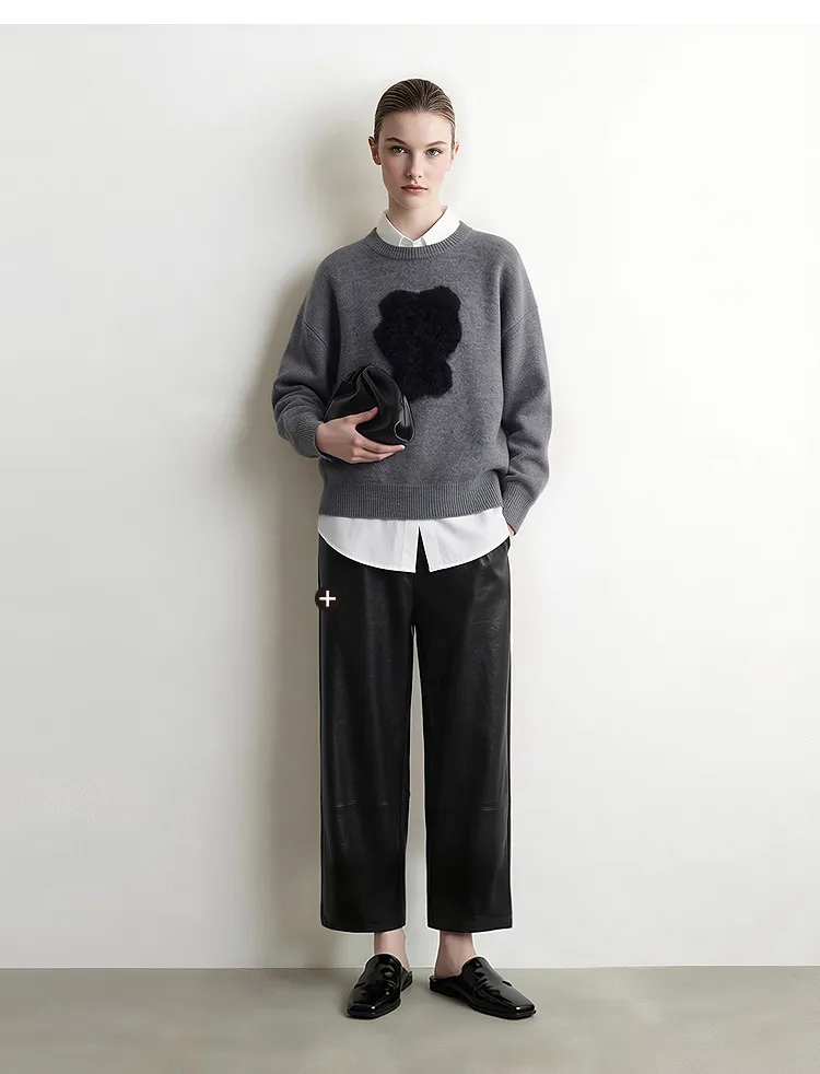 Amii Women Wide Leg Pants Mid Rise Elastic Waist Ankle Length Solid 2026 Autumn Commute Loose Casual Woman PU Trousers 12643003