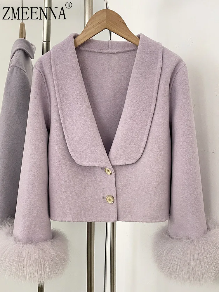 ZMEENNA 여성용 우아한 짧은 울 혼합 재킷 코트 고급스러운 모피 트림 커프스 따뜻한 겨울 아웃웨어 퍼플 ZM4559