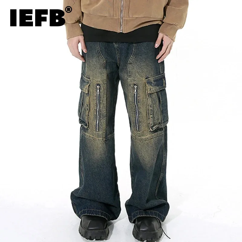 IEFB Gradient Color Men's Jeans Vintage Multi-pocket Zipper Baggy Male Denim Cargo Pants Patchwork Men Wide Leg Trousers 9C4513