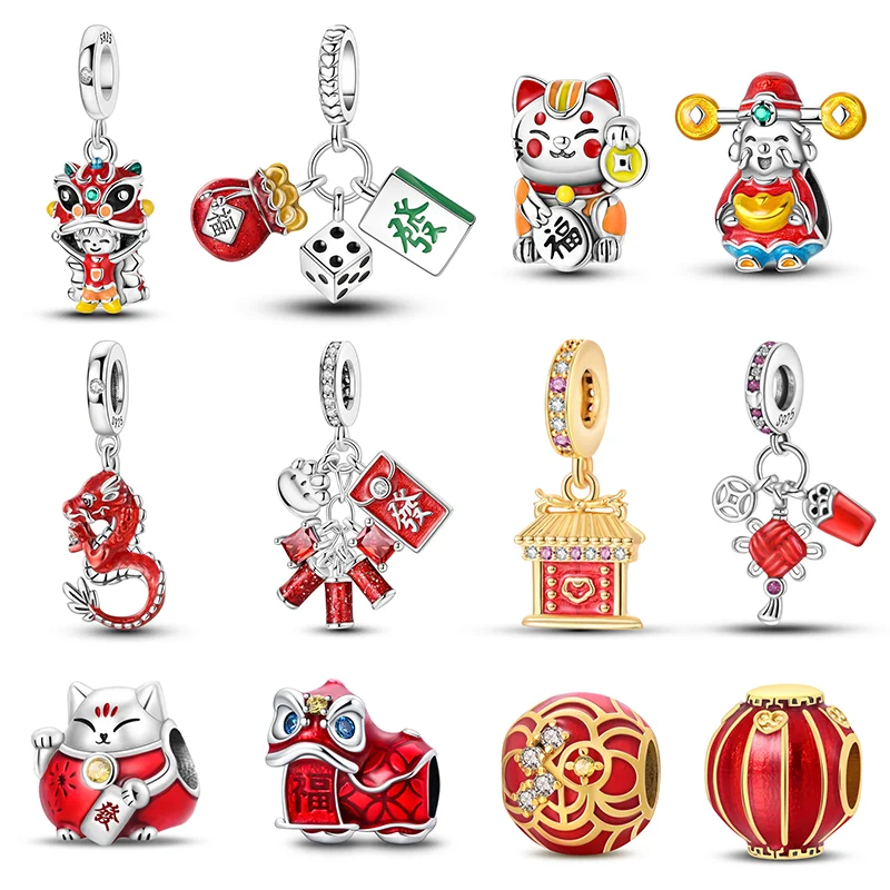 925 Sterling Silver New Year Dancing Lion God of Fortune Fortune Cat Charms Beads Fit Brand Original Bracelet DIY Jewelry Gift