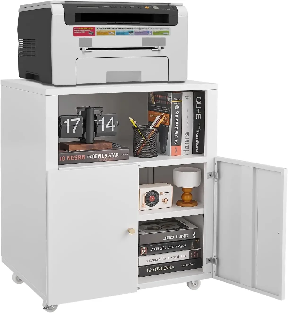 

Metal Printer Stand with Storage, Heavy Duty Rolling Printer Cabinet with Doors and Adjustable Shelves, Large Printer Table Stan