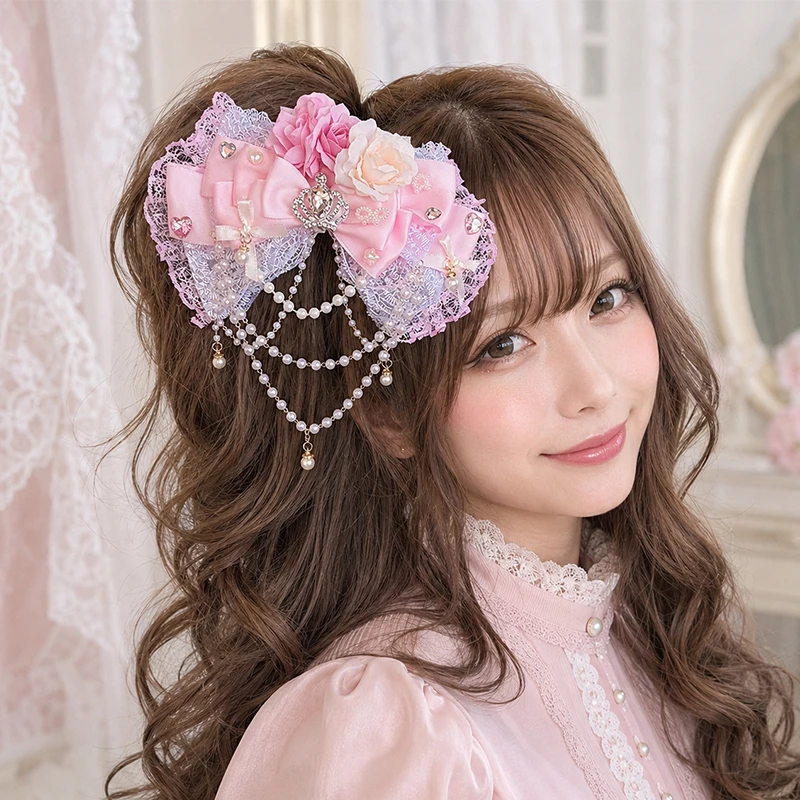Sweet Girls Lace Bow Top Clip Hairpin Women's Cosplay Hair Accessory Shibuya Gyaru Headwear Lolita Headpiece Flower Pearl Chain
