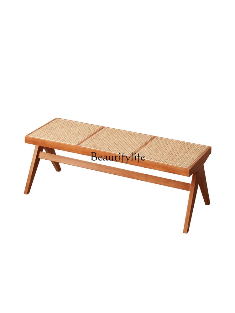 Yunji Style Rattan Woven Strip Solid Wood Stool Clothing Store Shoe Shop Shoe Changing Stool