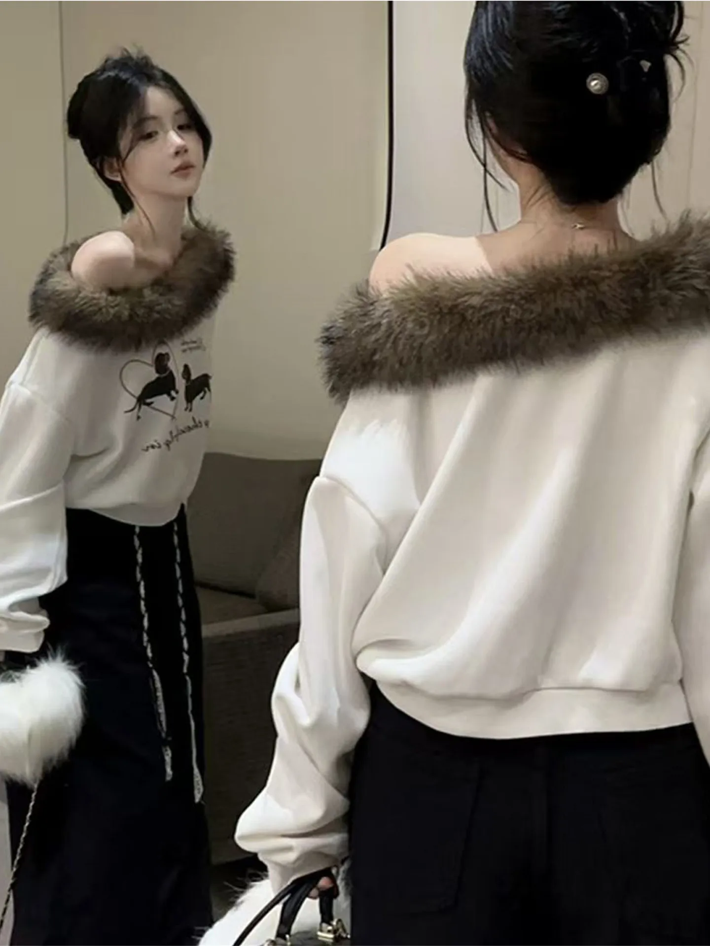 

American Style Spicy Girl Puppy Print Shoulder Bared Sweatshirt Women's Autumn Winter Lazy Style Design Short Coat