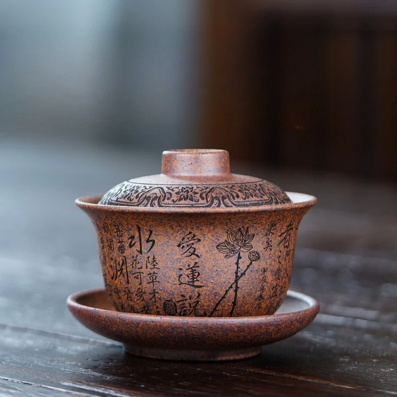 Hand Painted Gaiwan Qing Grey Clay Kung Fu Tea Set for Home Tea Room Drink Water Ceremony Brew Gongfu Style Ware Art